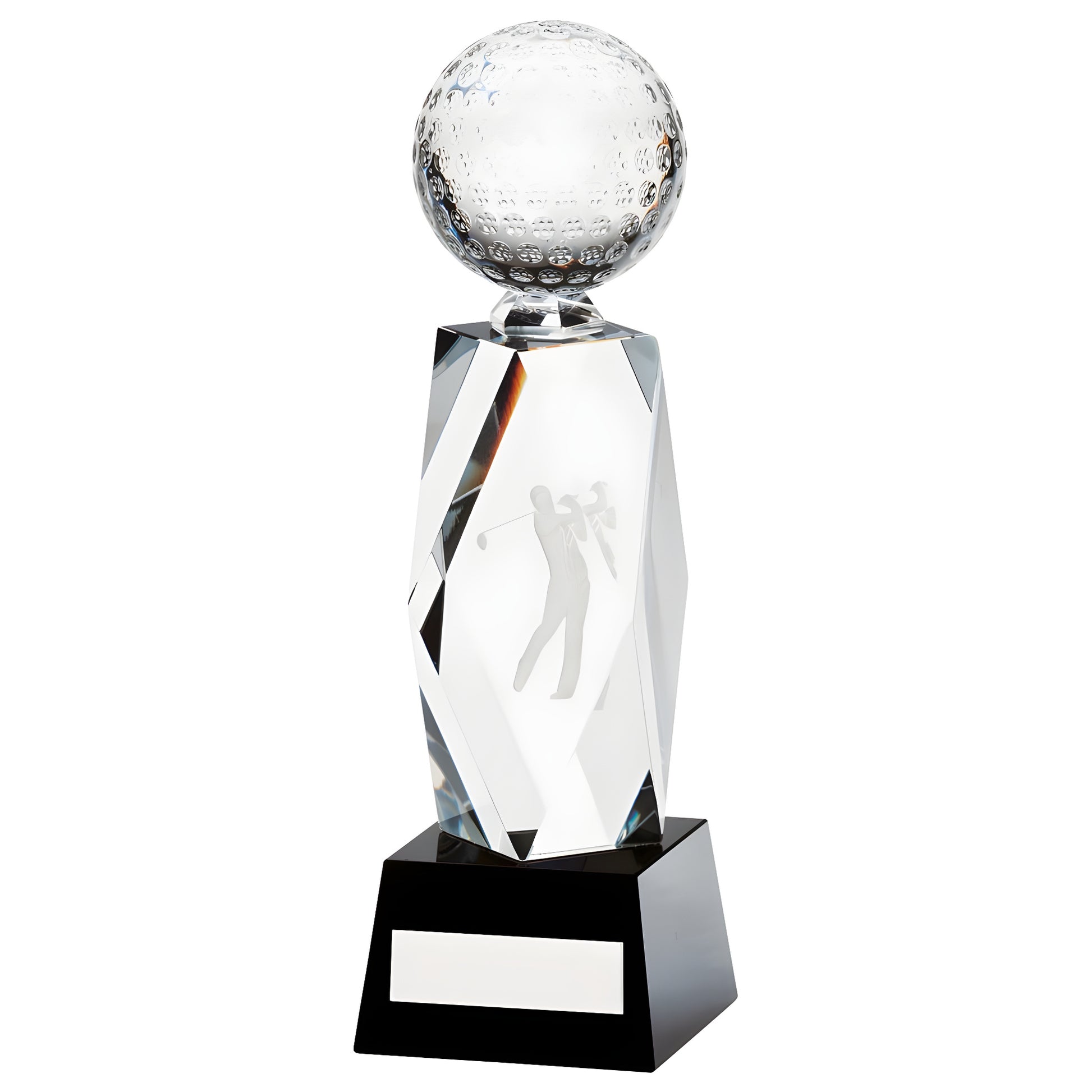 Optical crystal golf trophy with engraved golfer silhouette and golf ball design.