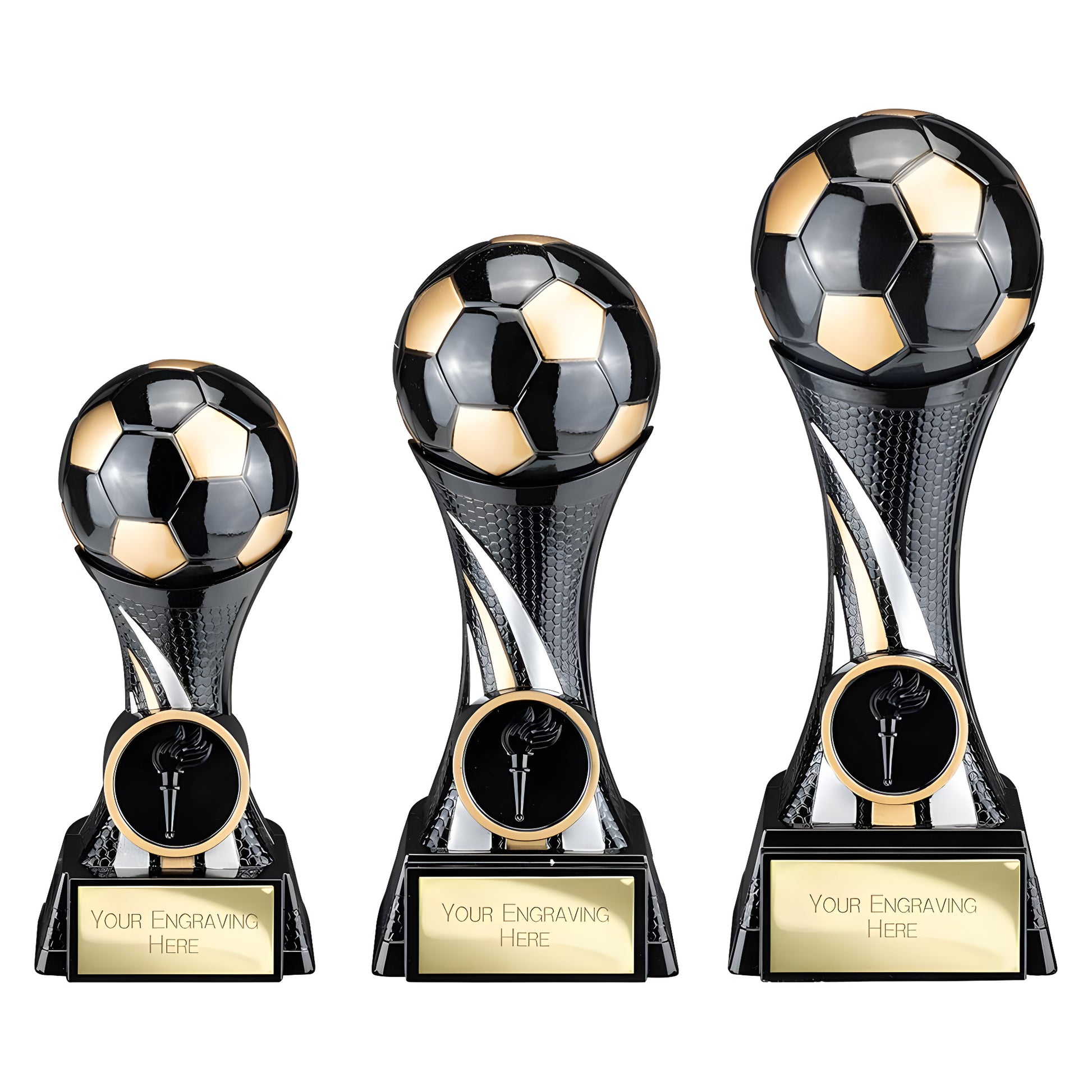 Three carbon black and fusion gold soccer trophies with engraving plaques.