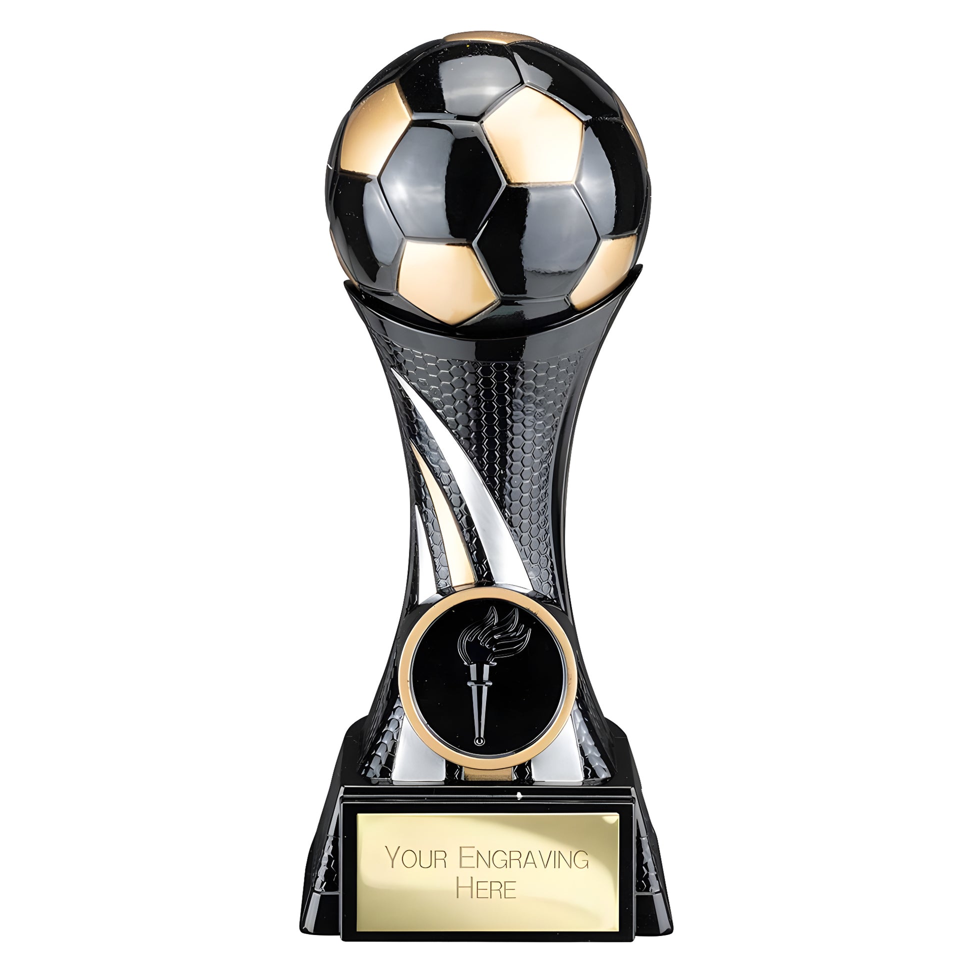 Black and gold soccer trophy with customizable engraving plate.