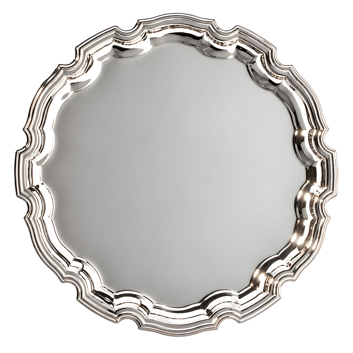 Round scalloped silver serving tray with decorative edges.