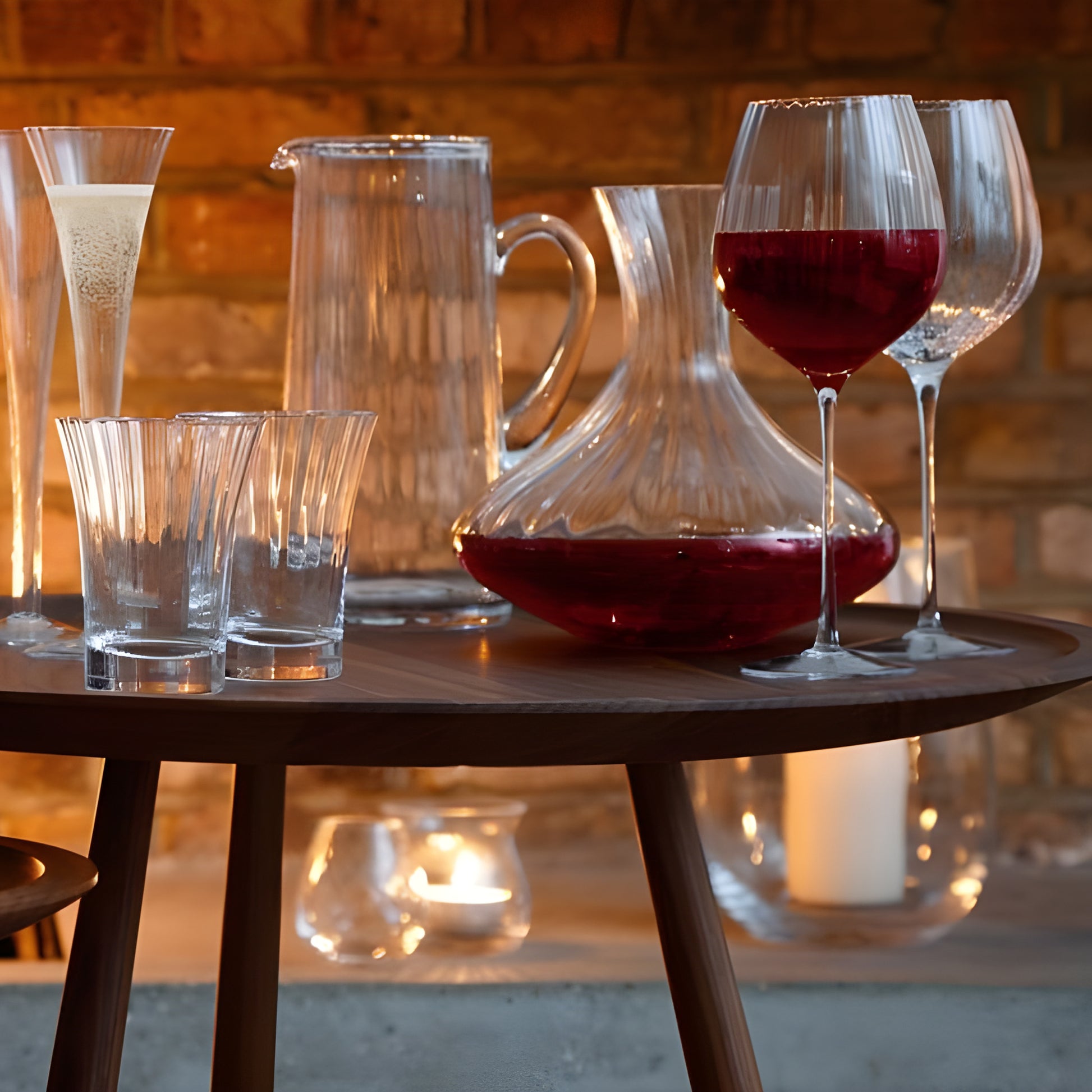 Elegant glassware set with wine decanter on a wooden table in ambient lighting.
