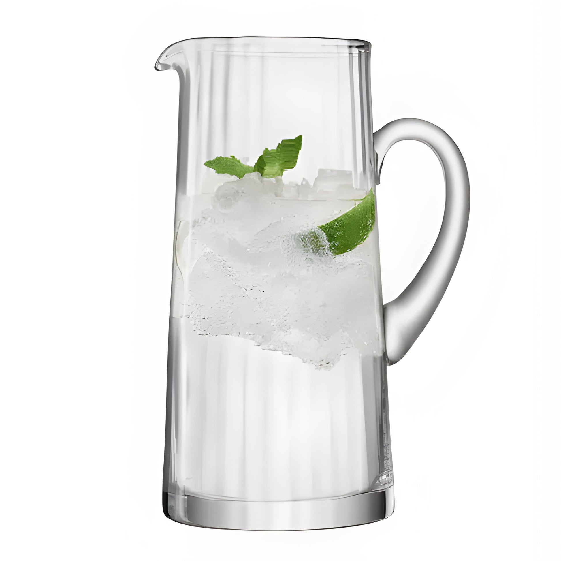 Clear glass pitcher with ice, lime slice, and mint leaves