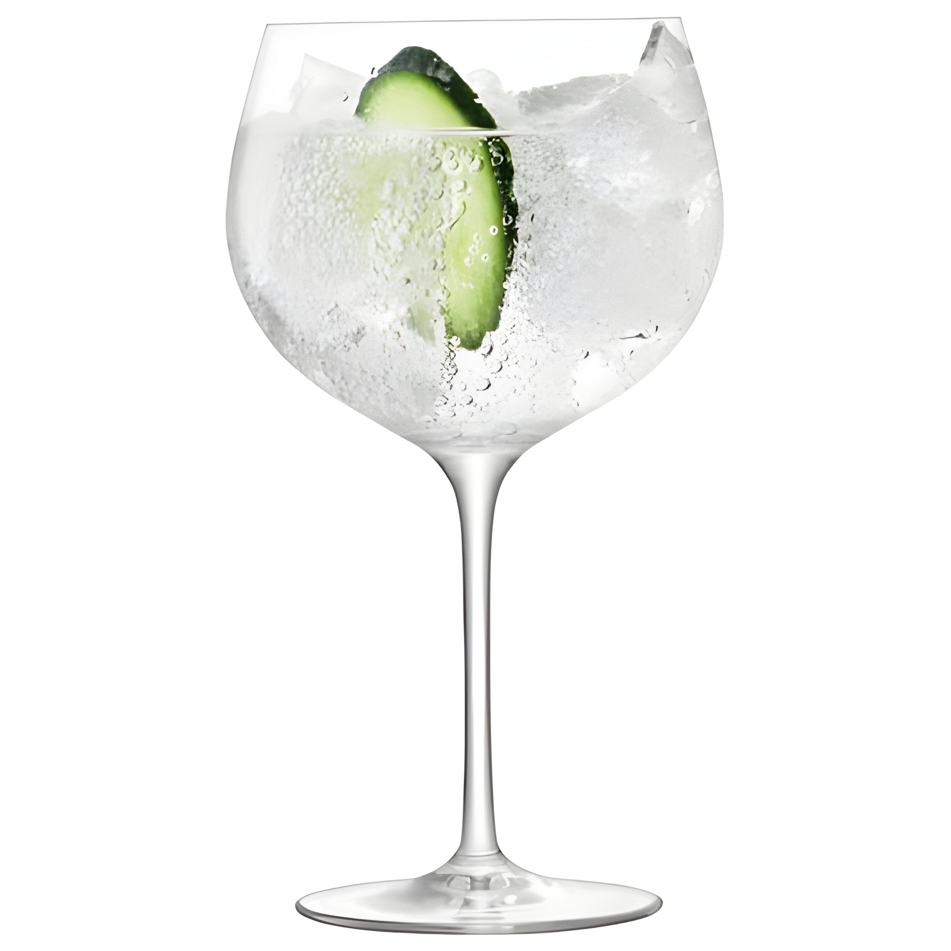 Clear balloon glass with gin tonic, ice cubes, and cucumber slice.