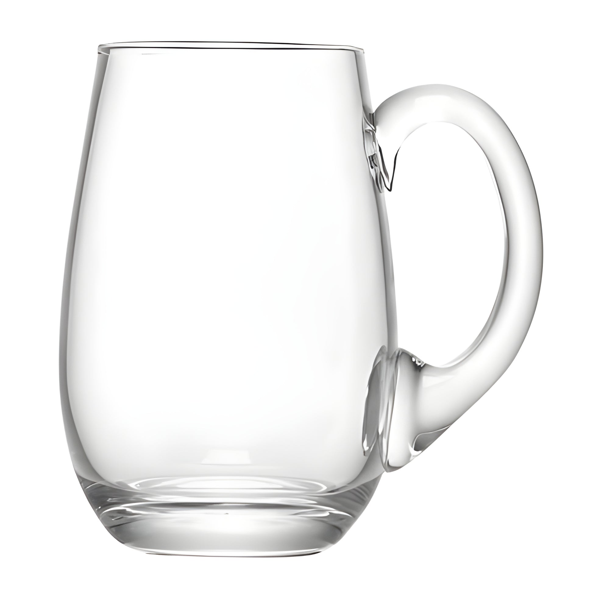 Curved 750ml clear glass beer tankard with handle.
