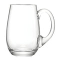 Curved 750ml clear glass beer tankard with handle.