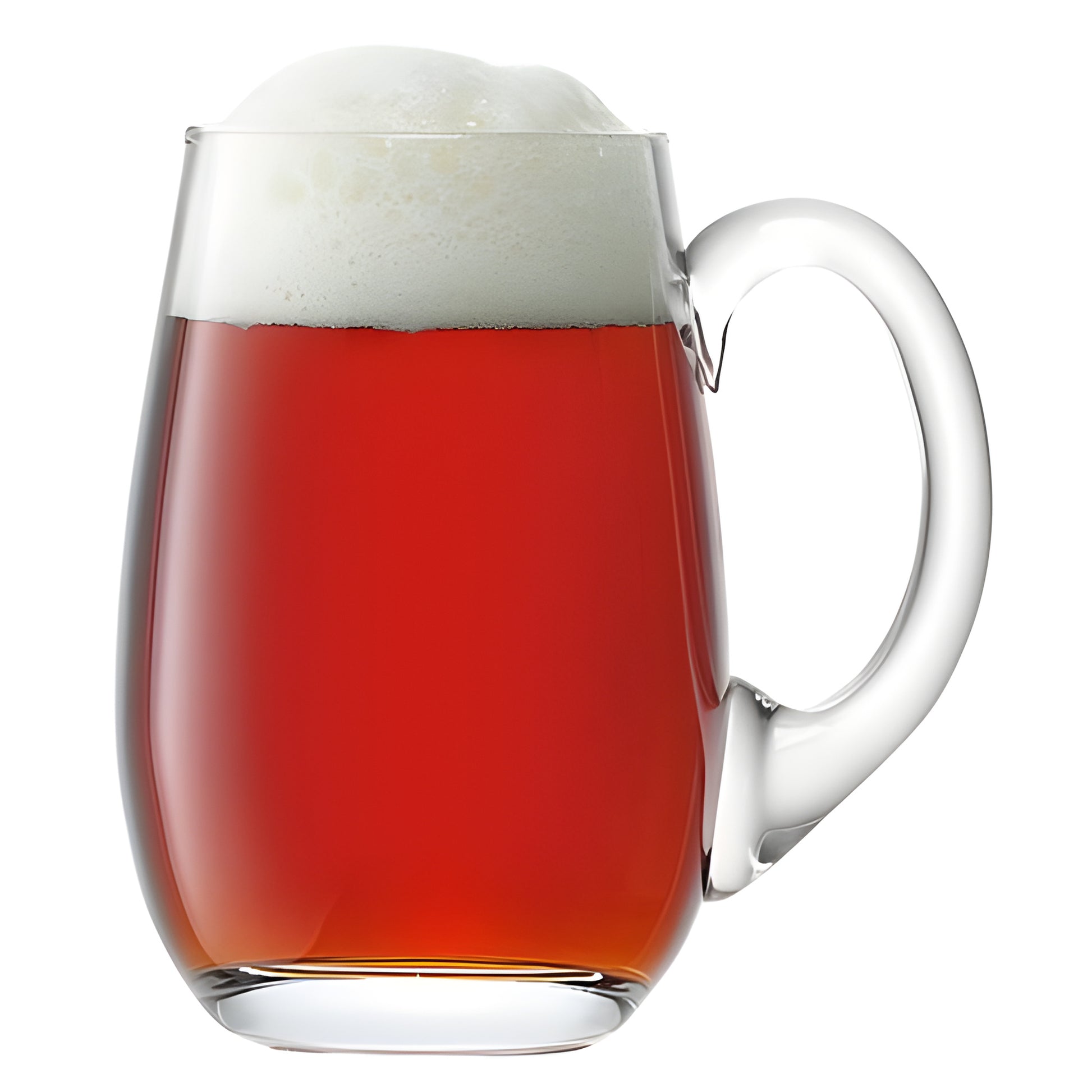 750ml curved glass tankard filled with amber ale topped with frothy head.