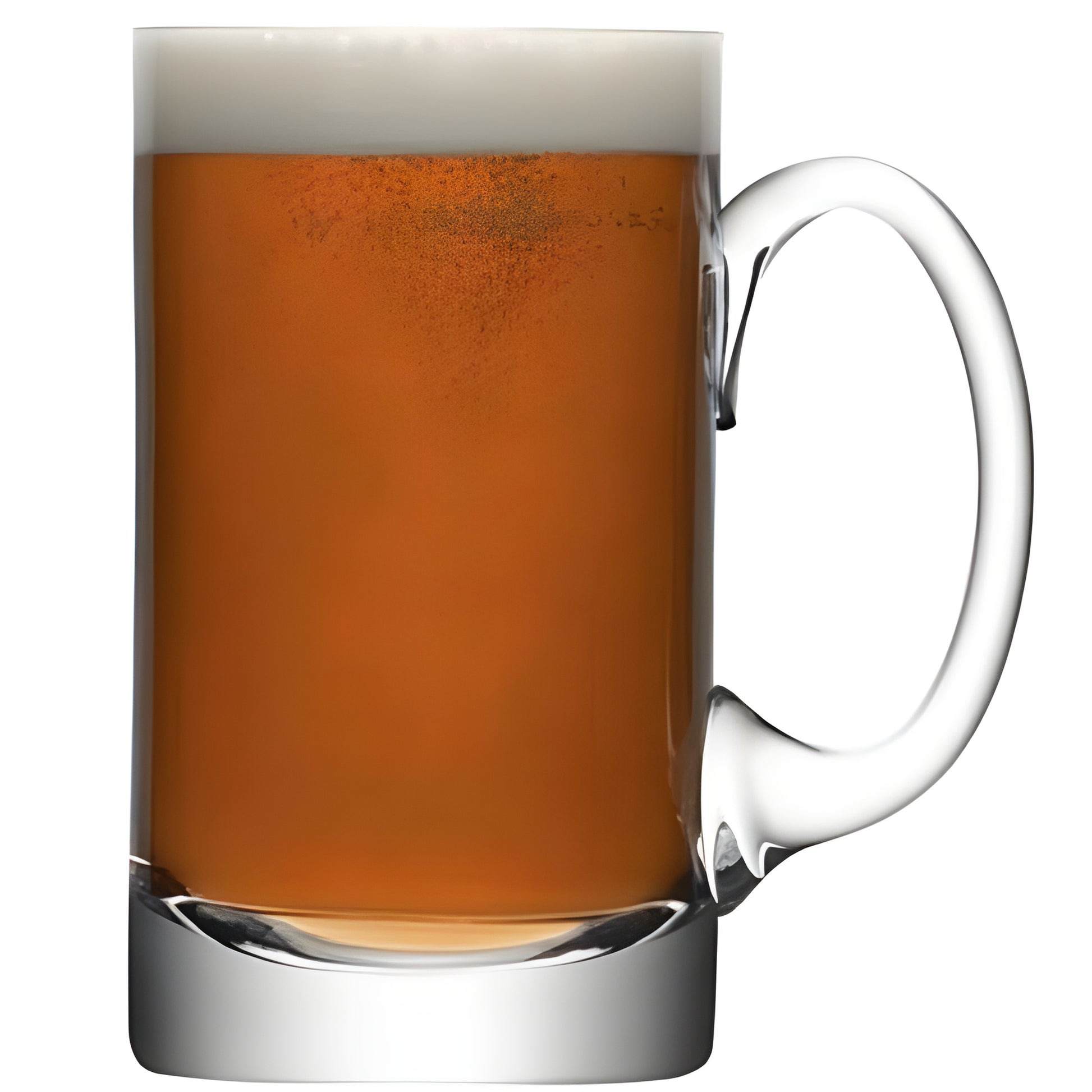 Clear glass beer mug filled with amber beer and foam on top.