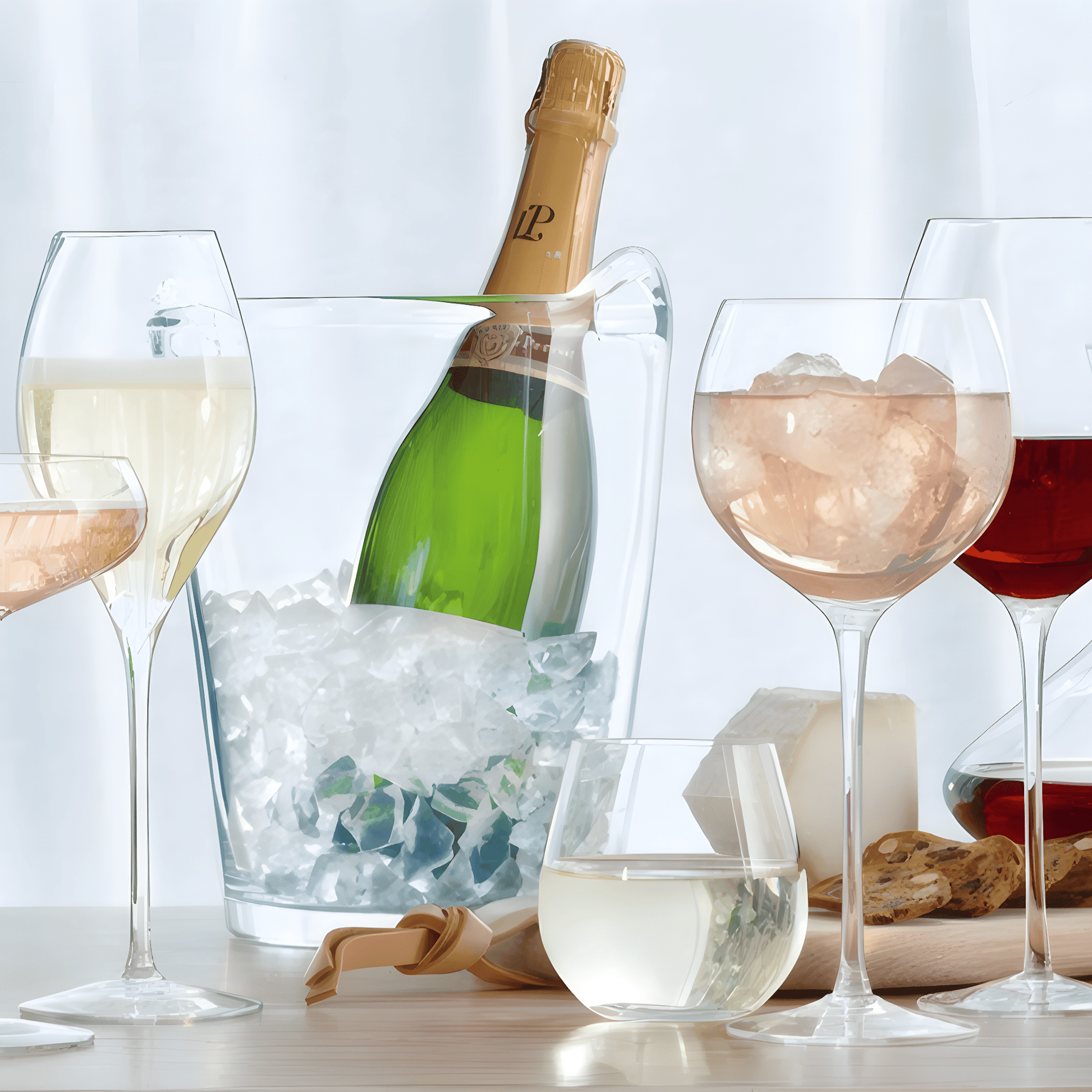 Champagne bottle in ice bucket with glasses of wine, cheese, and biscuits.