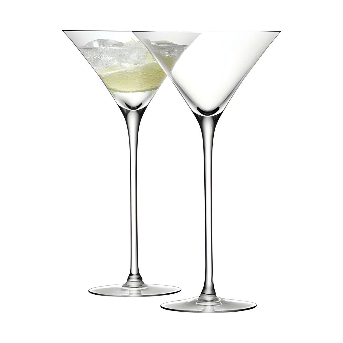 Two clear 275ml martini cocktail glasses filled with ice and a light green drink.