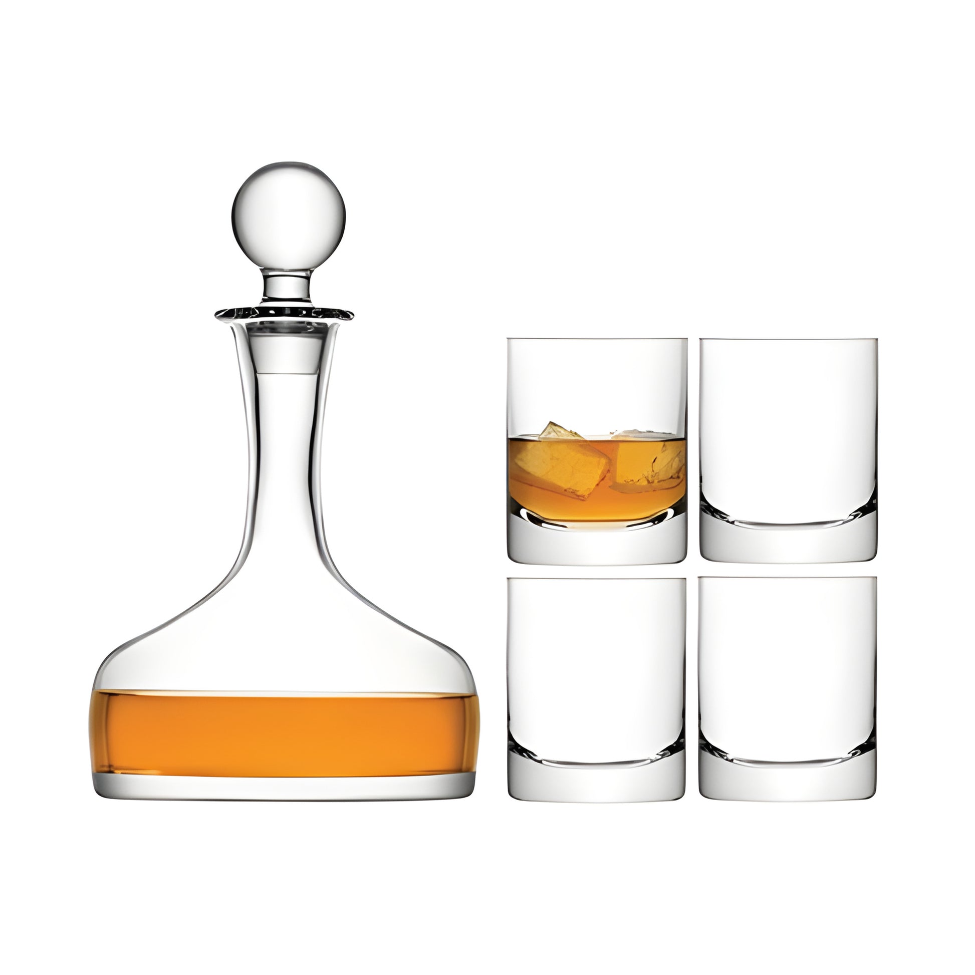 Luxury glass whisky decanter with four matching glasses for elegant home bar.
