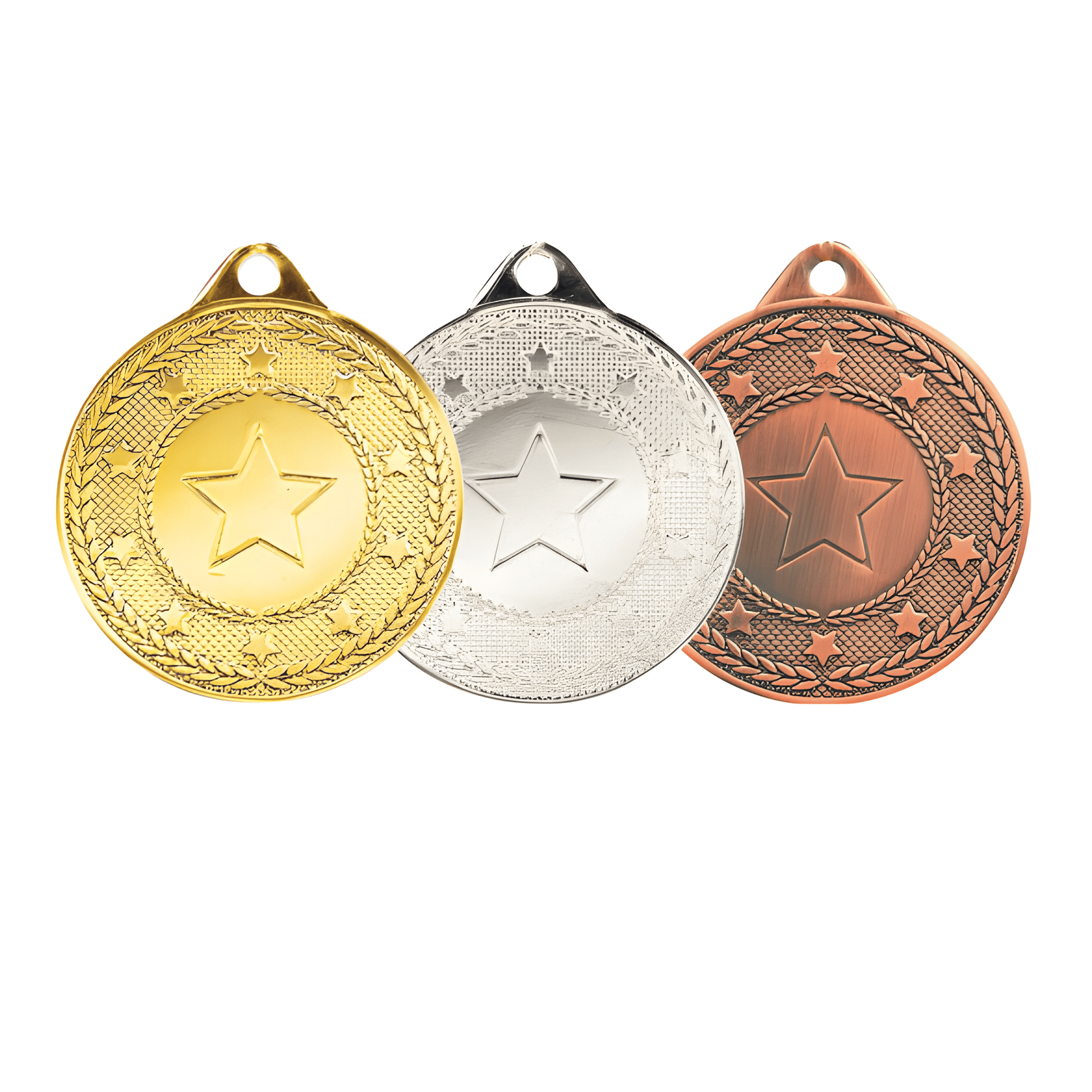 Gold, silver, and bronze star medals symbolizing first, second, and third place awards.