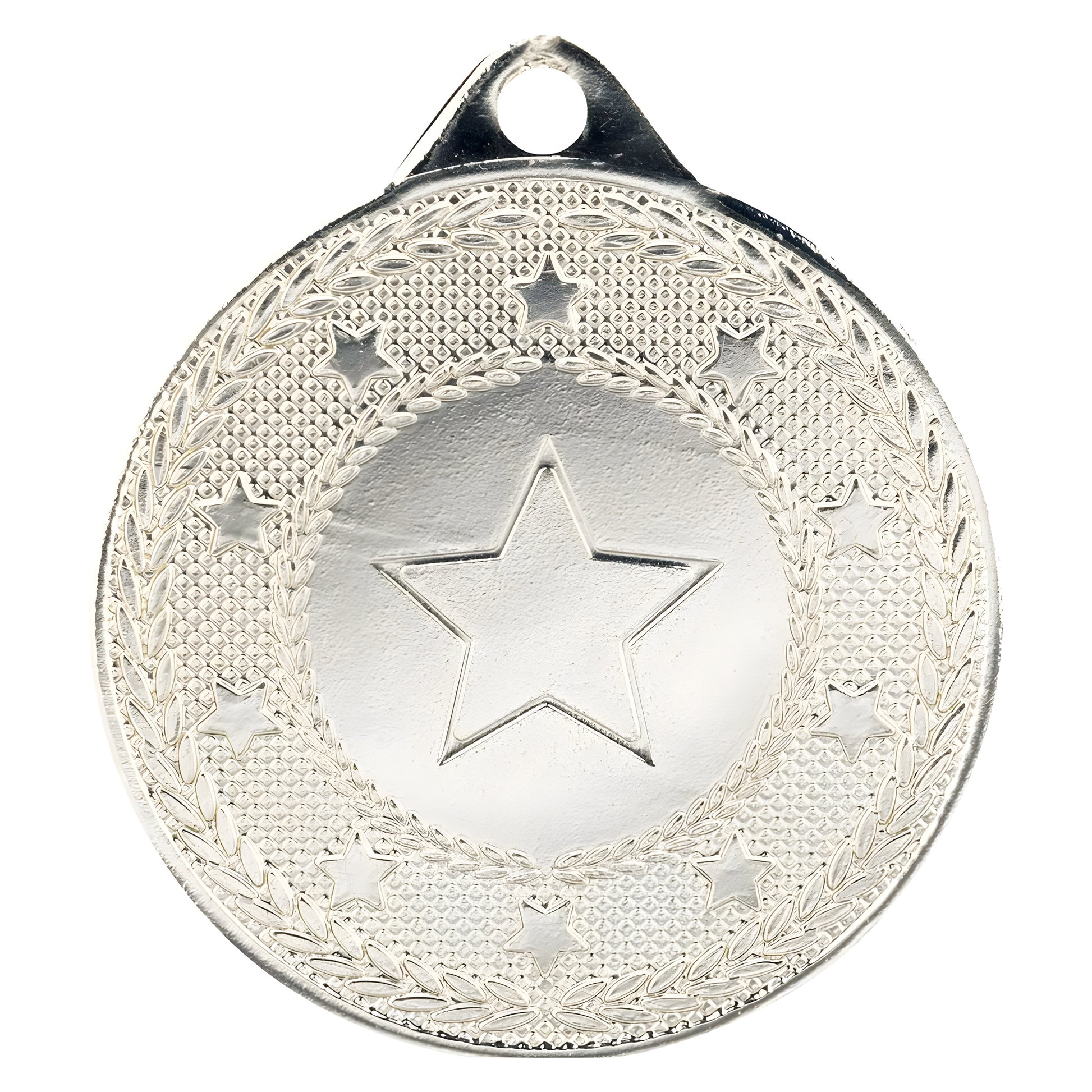 Silver metallic medal with engraved star and textured design.