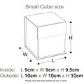 Diagram of black small cube gift box dimensions, 10cm outer and 9cm inner size.