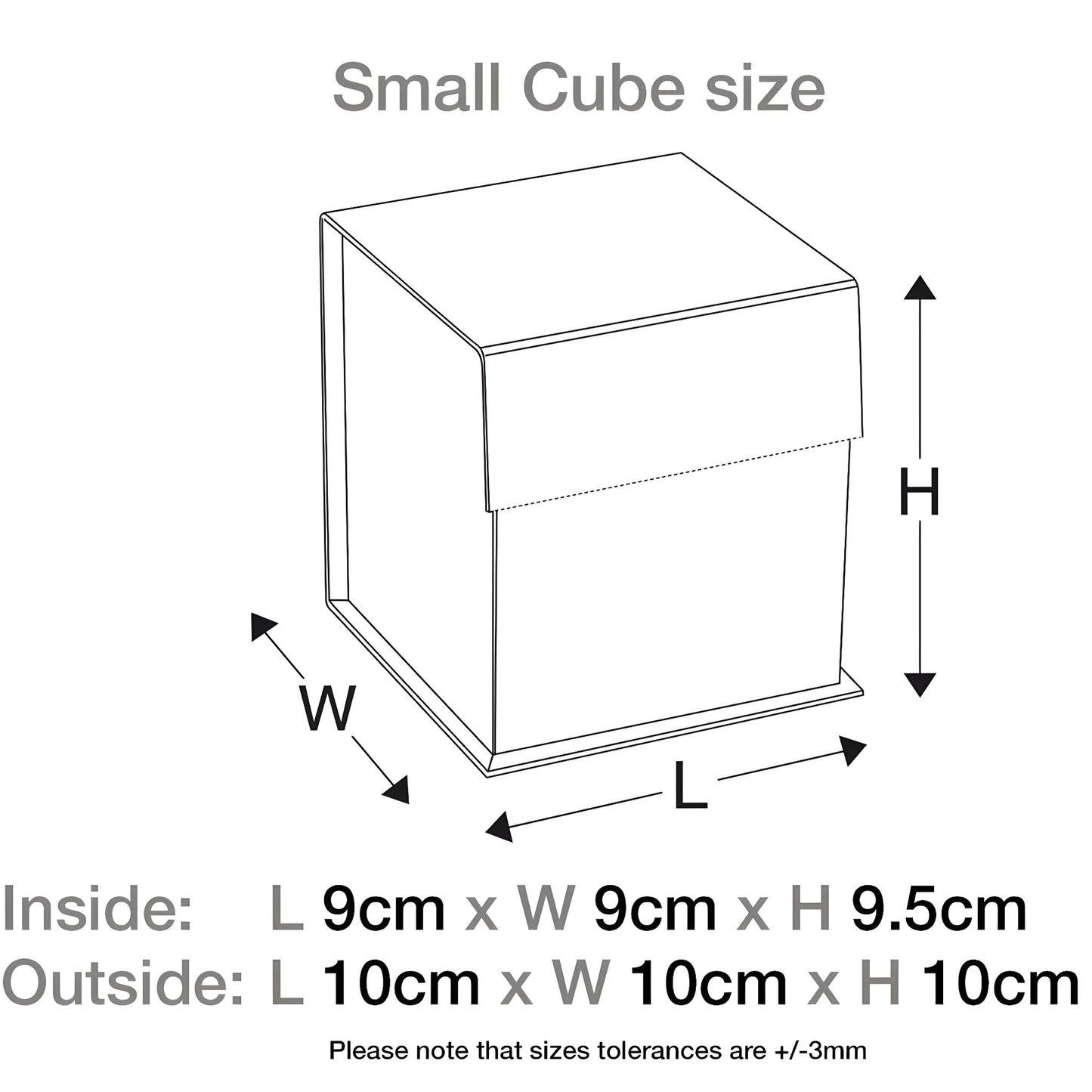 Diagram of black small cube gift box dimensions, 10cm outer and 9cm inner size.
