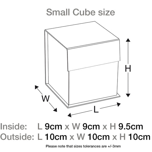 Diagram of black small cube gift box dimensions, 10cm outer and 9cm inner size.
