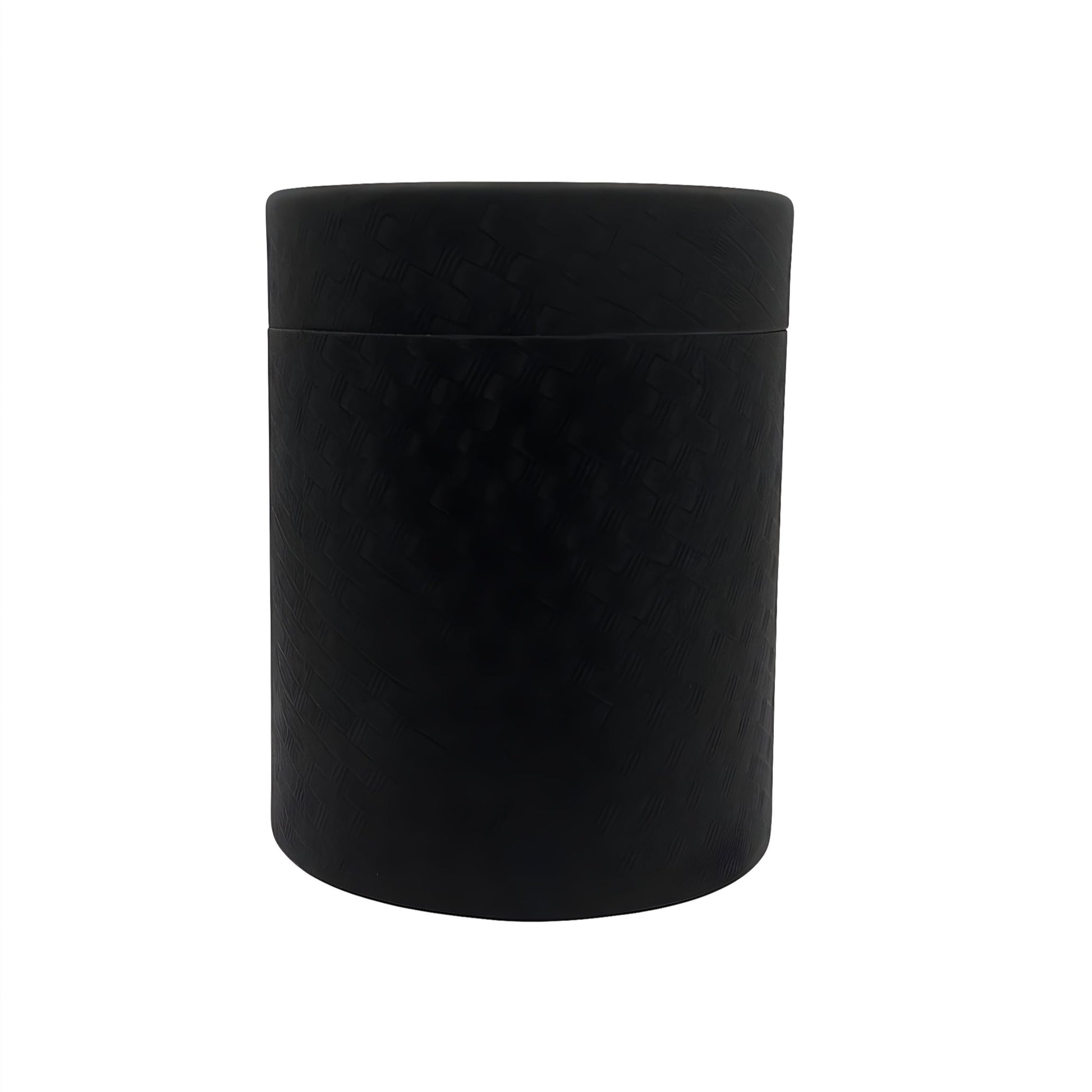 Black cylindrical tube tumbler packaging box on white background.