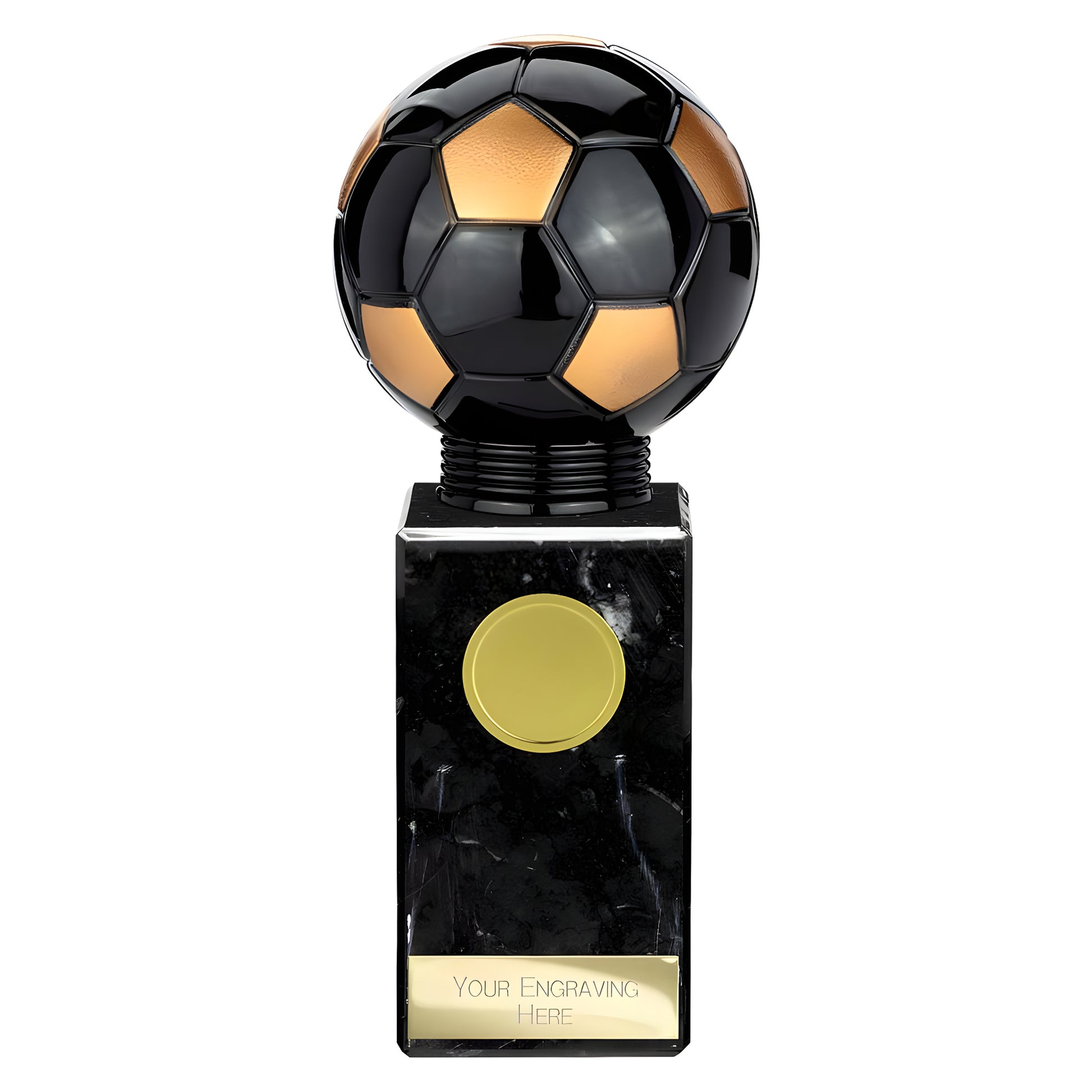 Black and gold soccer ball trophy with marble base for football awards.