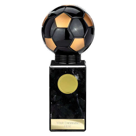 Black and gold soccer ball trophy with marble base for football awards.