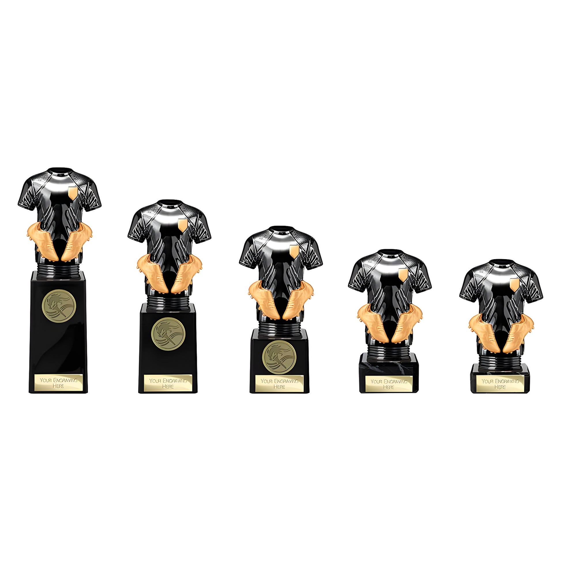 Football trophy collection featuring jerseys and gold boots on black bases.