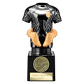Black and gold football trophy with jersey and boots design for engraving.