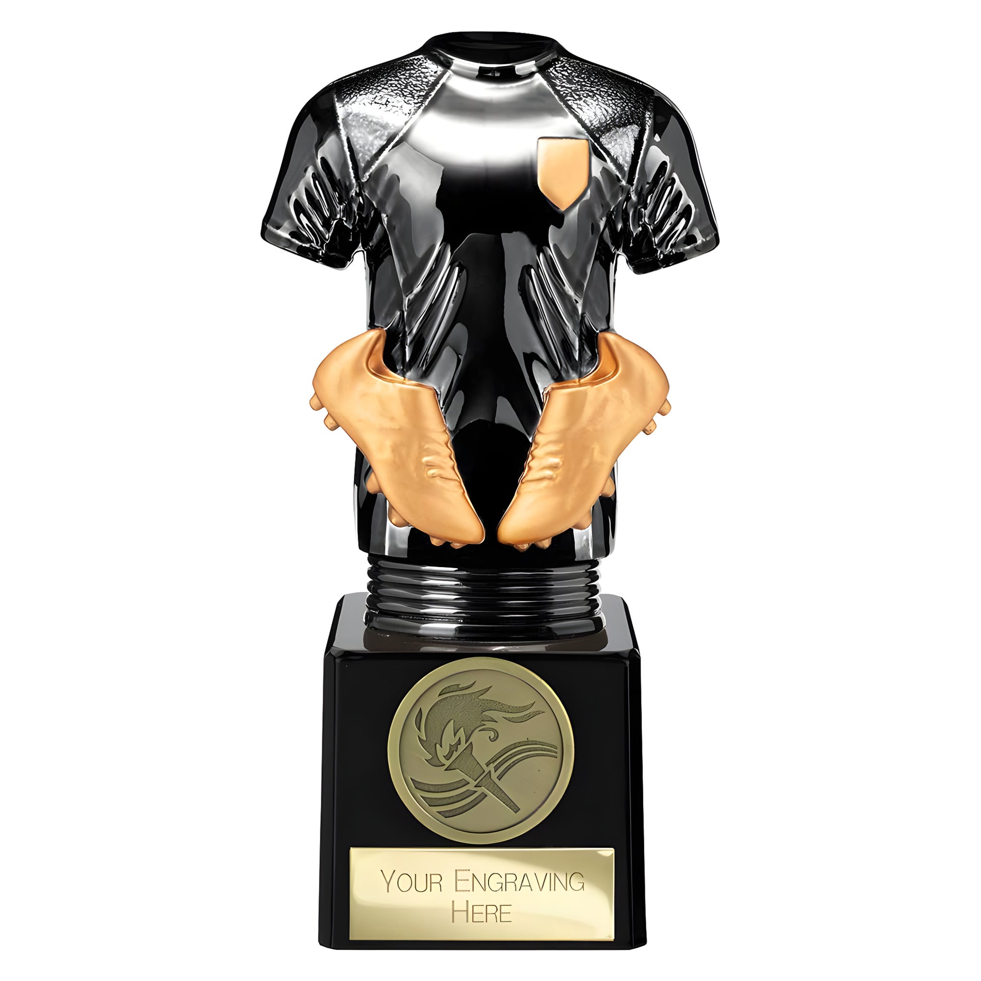 Black and gold football trophy with jersey and boots design for engraving.