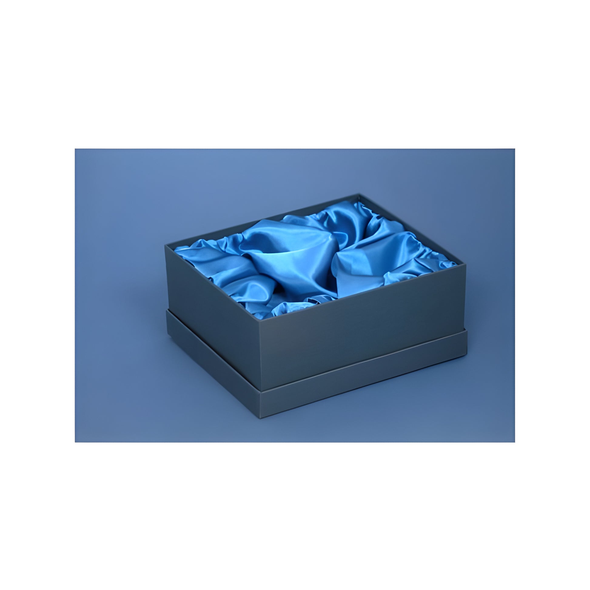 Silk-lined blue gift box for a pair of flutes, elegant and luxurious packaging.