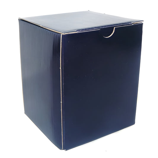 Dark blue cardboard packaging box with lid closed on white background.