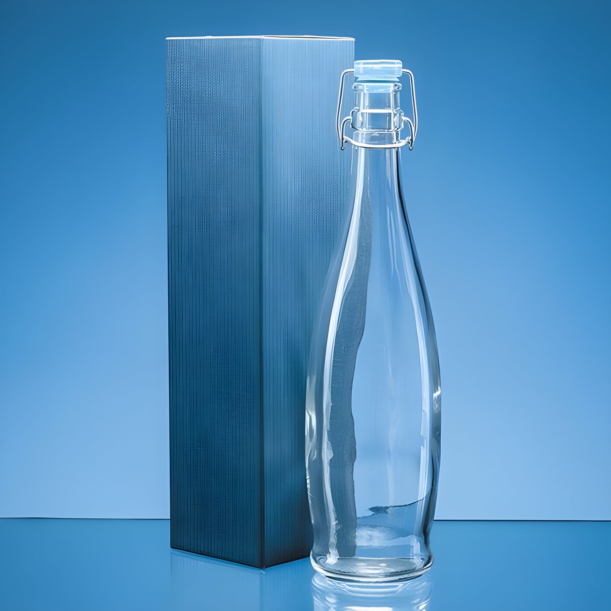 Clear glass bottle with latch next to a blue textured gift box on a blue background.