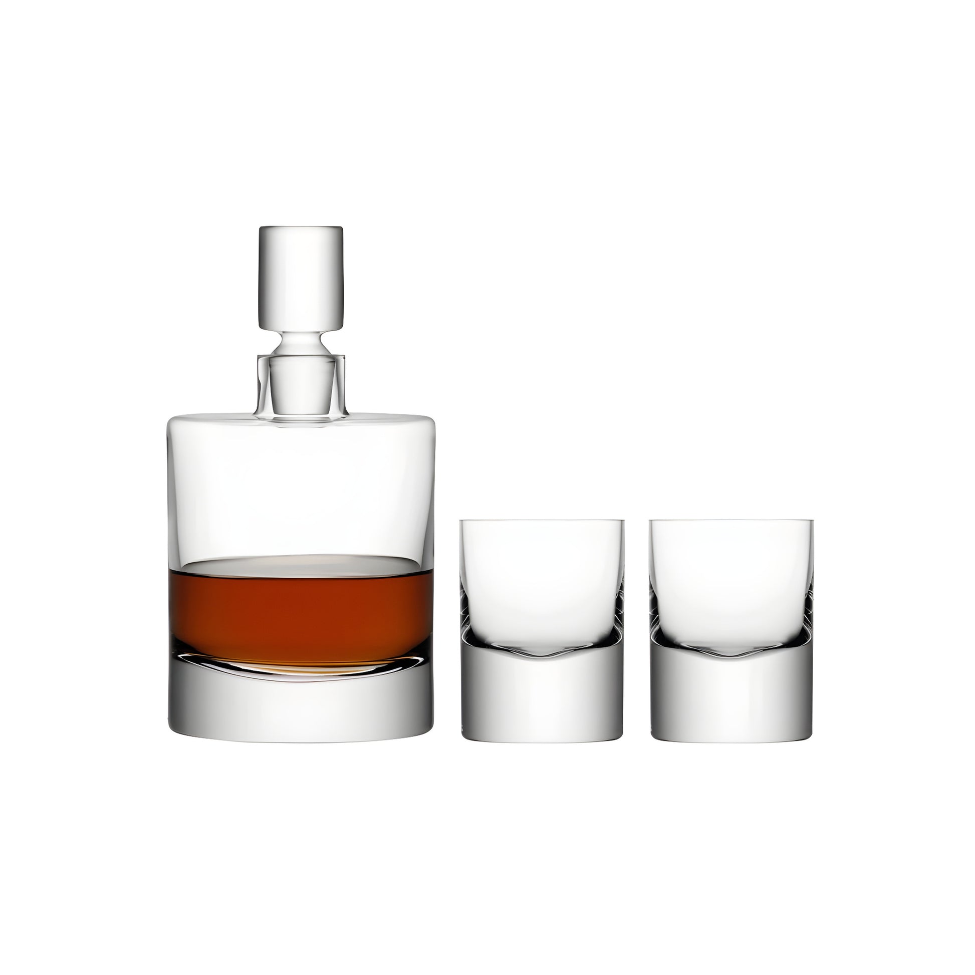 Modern crystal whisky decanter set with two glasses on a white background.