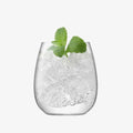Stemless glass with ice and mint leaves, ideal for cocktails.