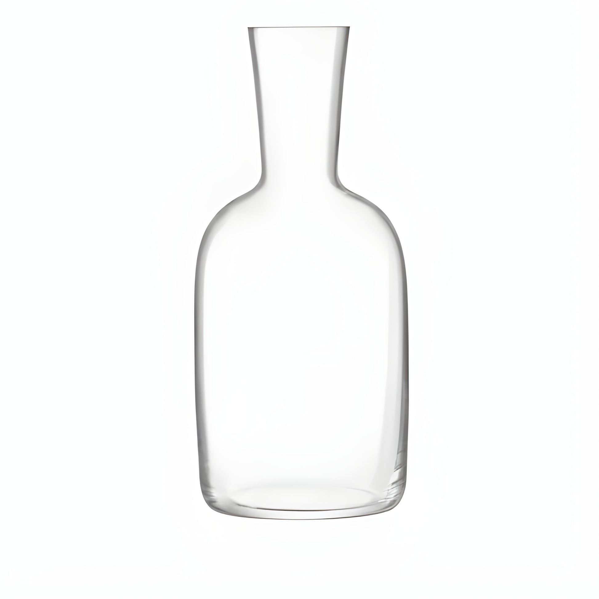 Clear glass water carafe with narrow neck and round base.