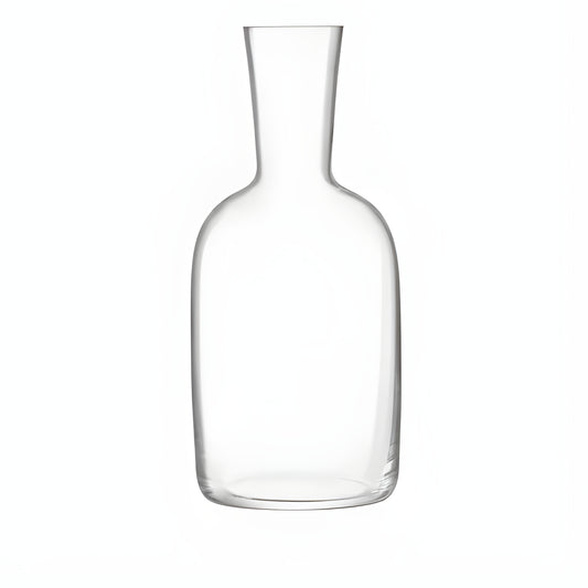 Clear glass water carafe with narrow neck and round base.
