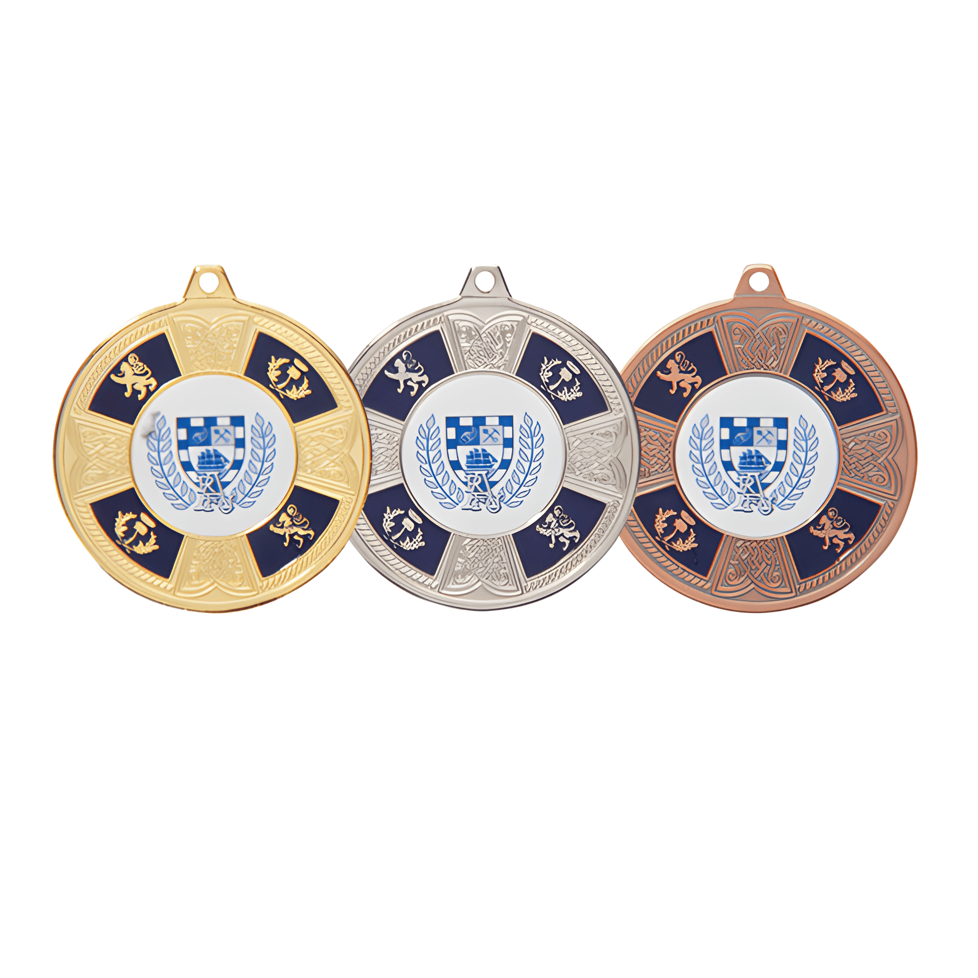 Gold, silver, and bronze award medals with crest design
