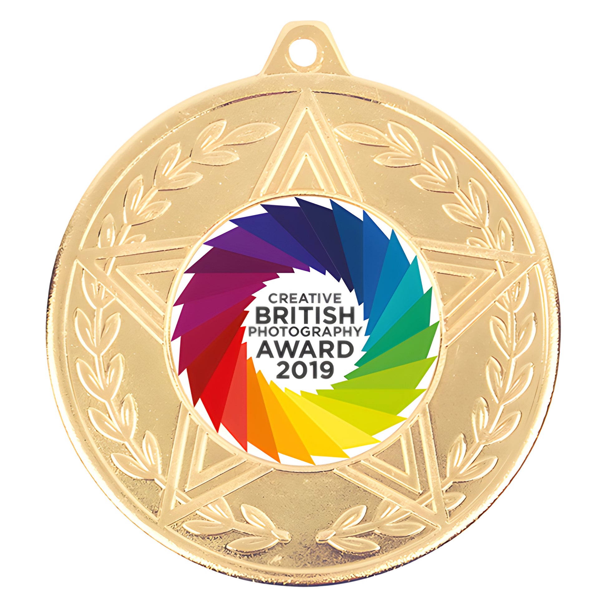 Gold medal with Creative British Photography Award 2019 design and star pattern.