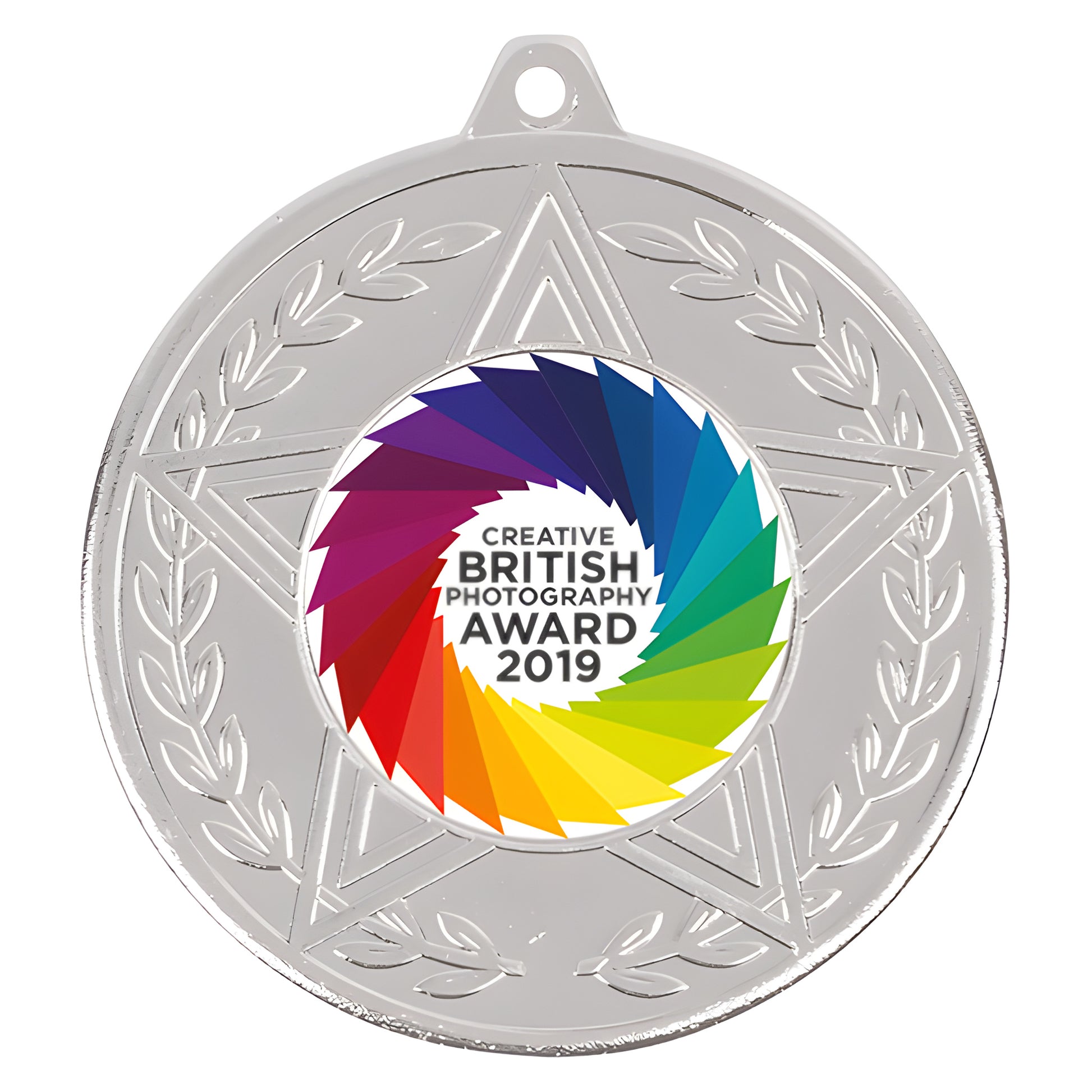 Creative British Photography Award 2019 silver medal with colorful star design.