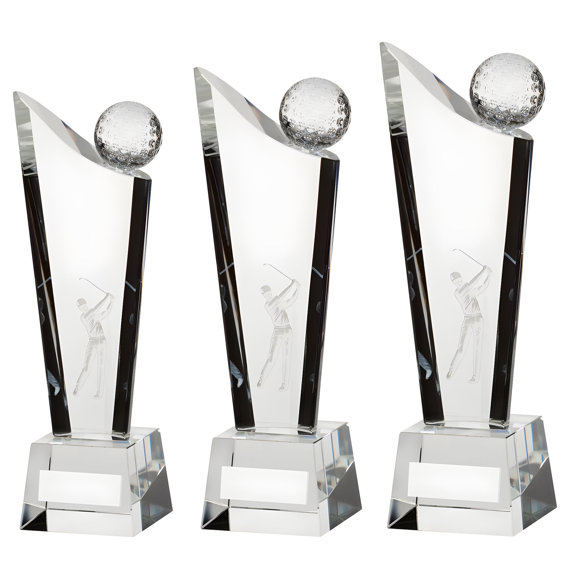 Crystal golf award trophy with golfer engraving and glass golf ball on top.