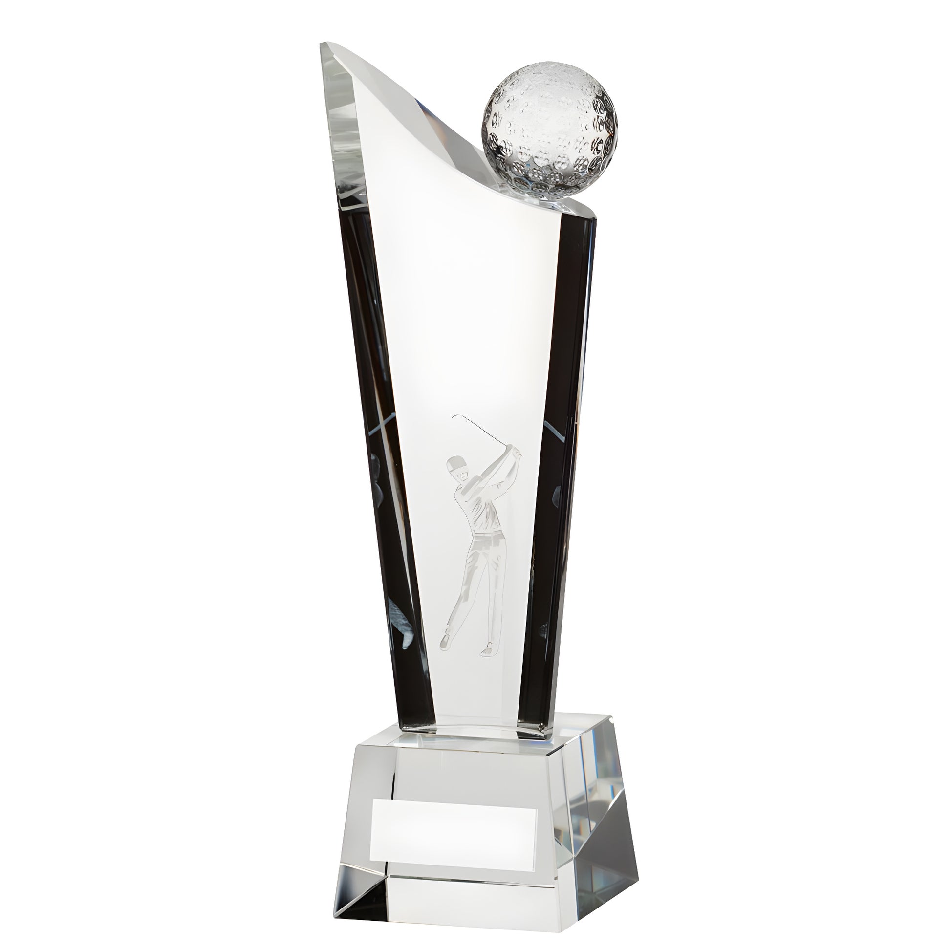 Crystal golf trophy with engraved golfer swinging and golf ball design.