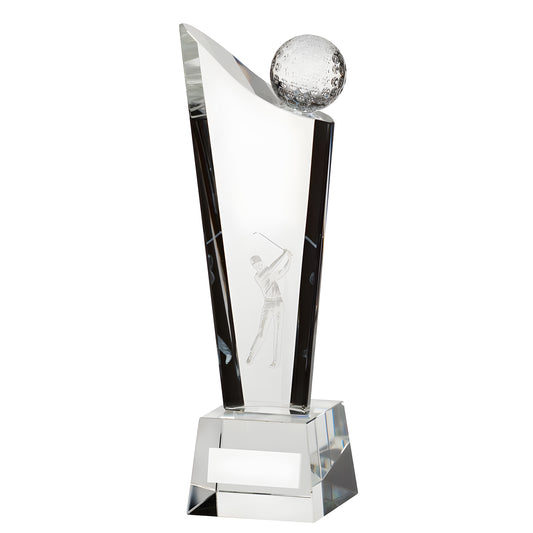 Crystal golf trophy with engraved golfer swinging and golf ball design.
