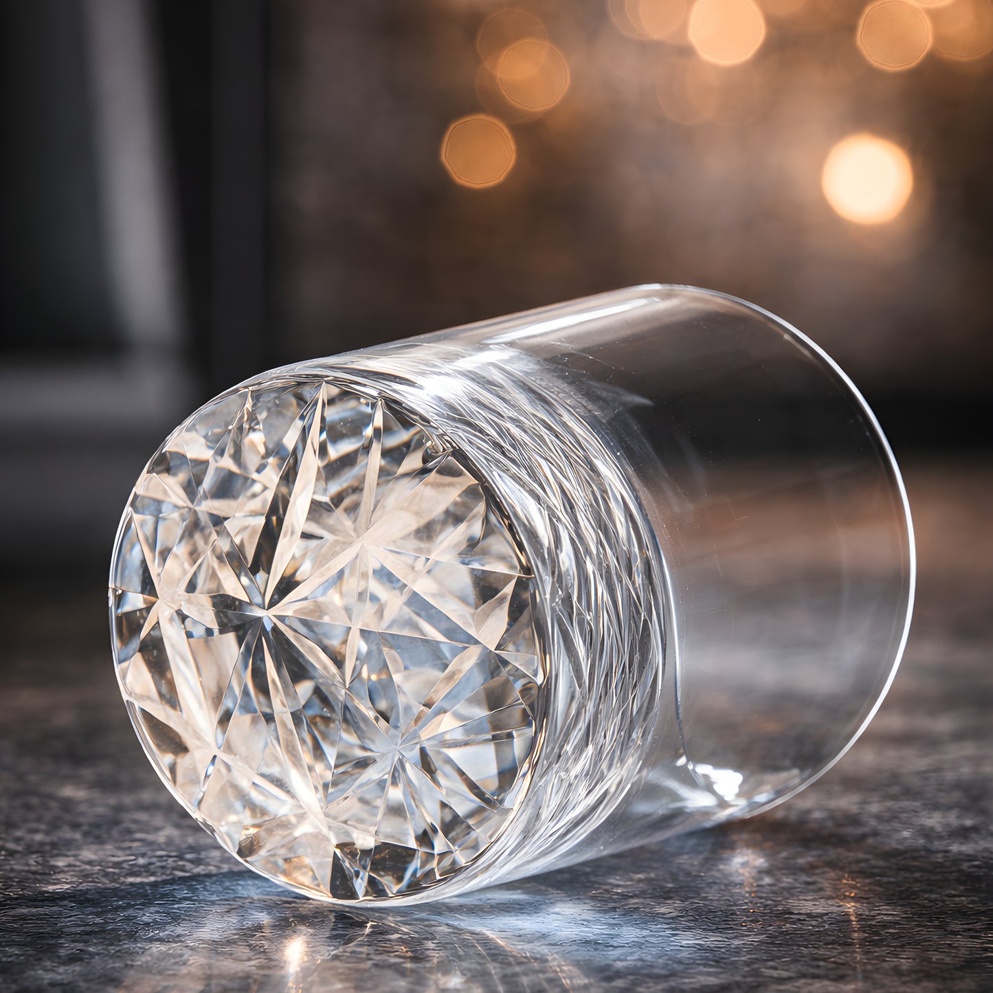 Crystal pattern highball glass on rock table with bokeh lights.