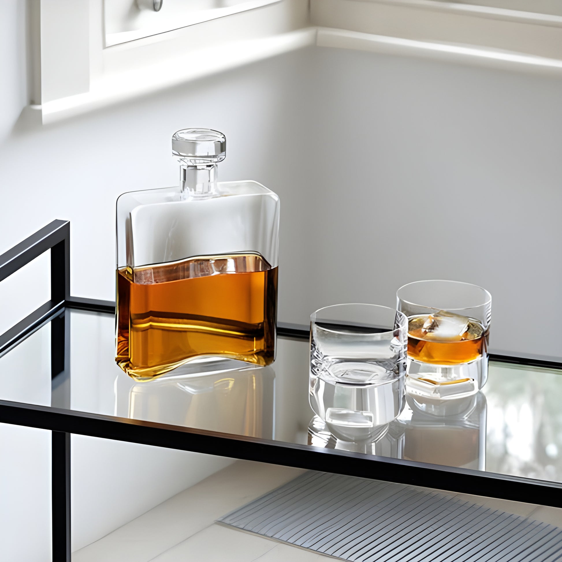 Cask decanter set with two whiskey glasses on a glass bar cart.