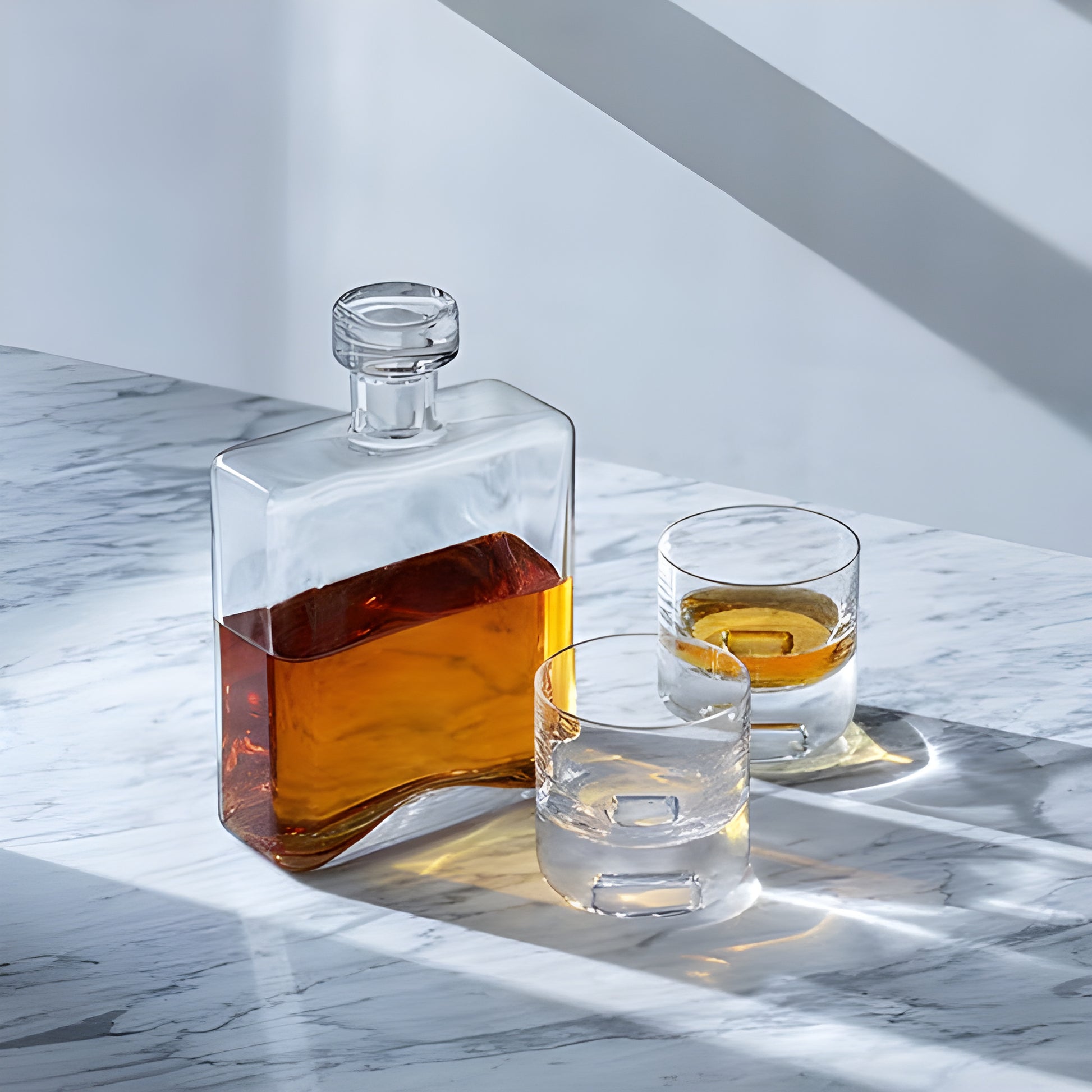 Cask decanter set with two glasses on a marble table in natural lighting.