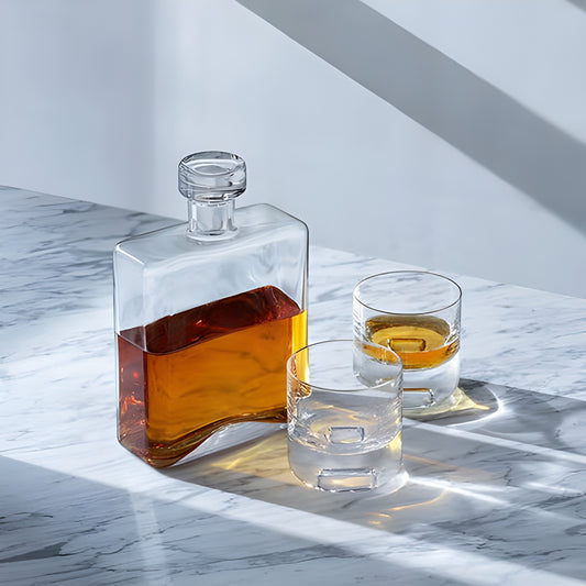 Cask decanter set with two glasses on a marble table in natural lighting.