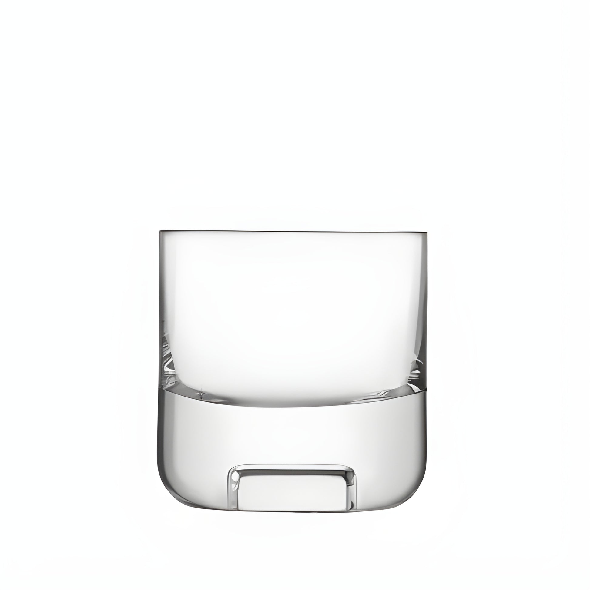 Clear crystal tumbler glass on white background, plain design.