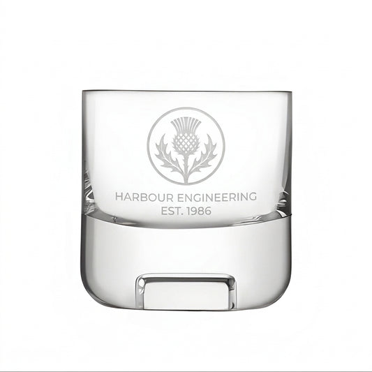 Example engraving (company logo): "HARBOUR ENGINEERING / EST. 1986" on the Cask Whisky Glass Tumbler