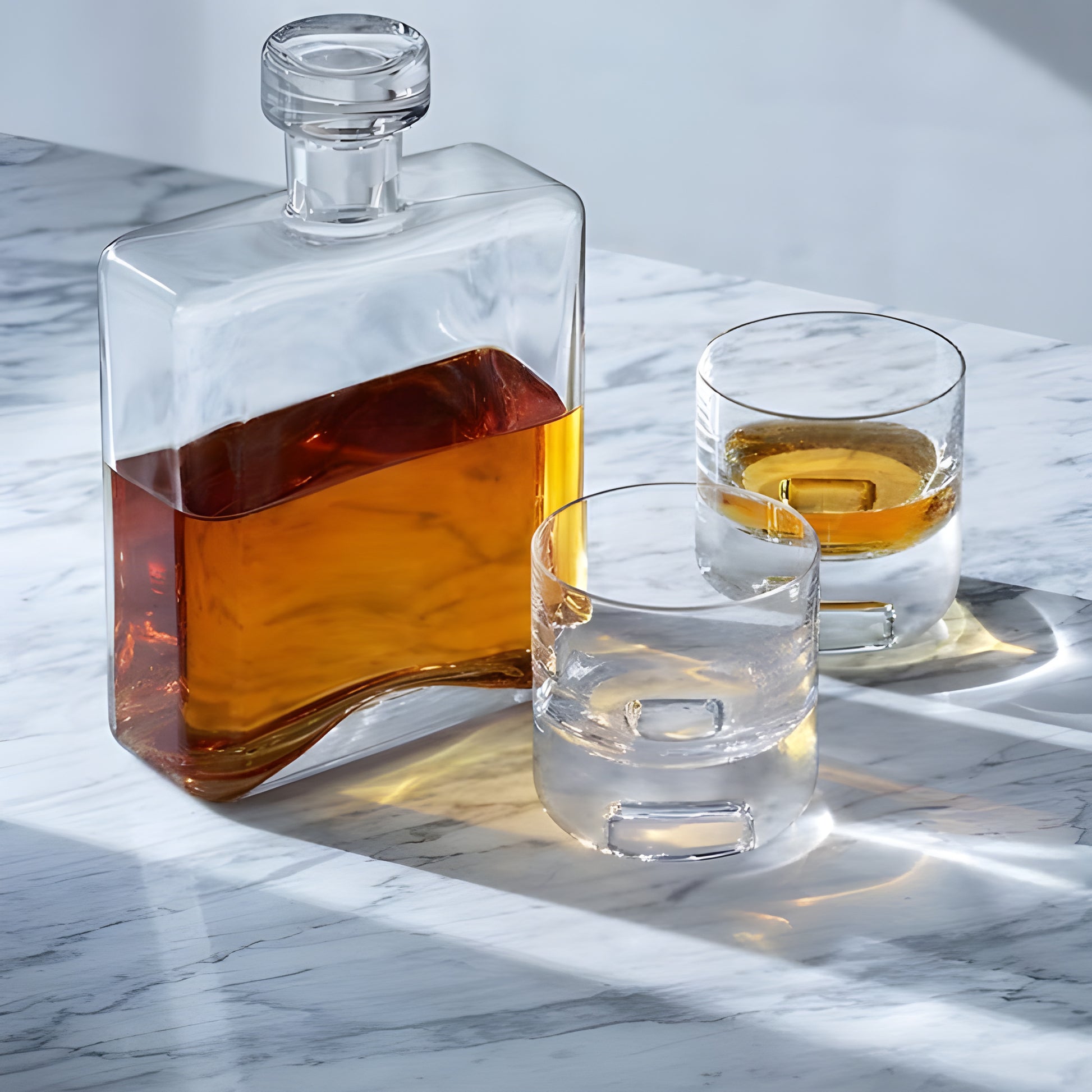 Oblong whisky decanter and two glasses on marble table with sunlight.