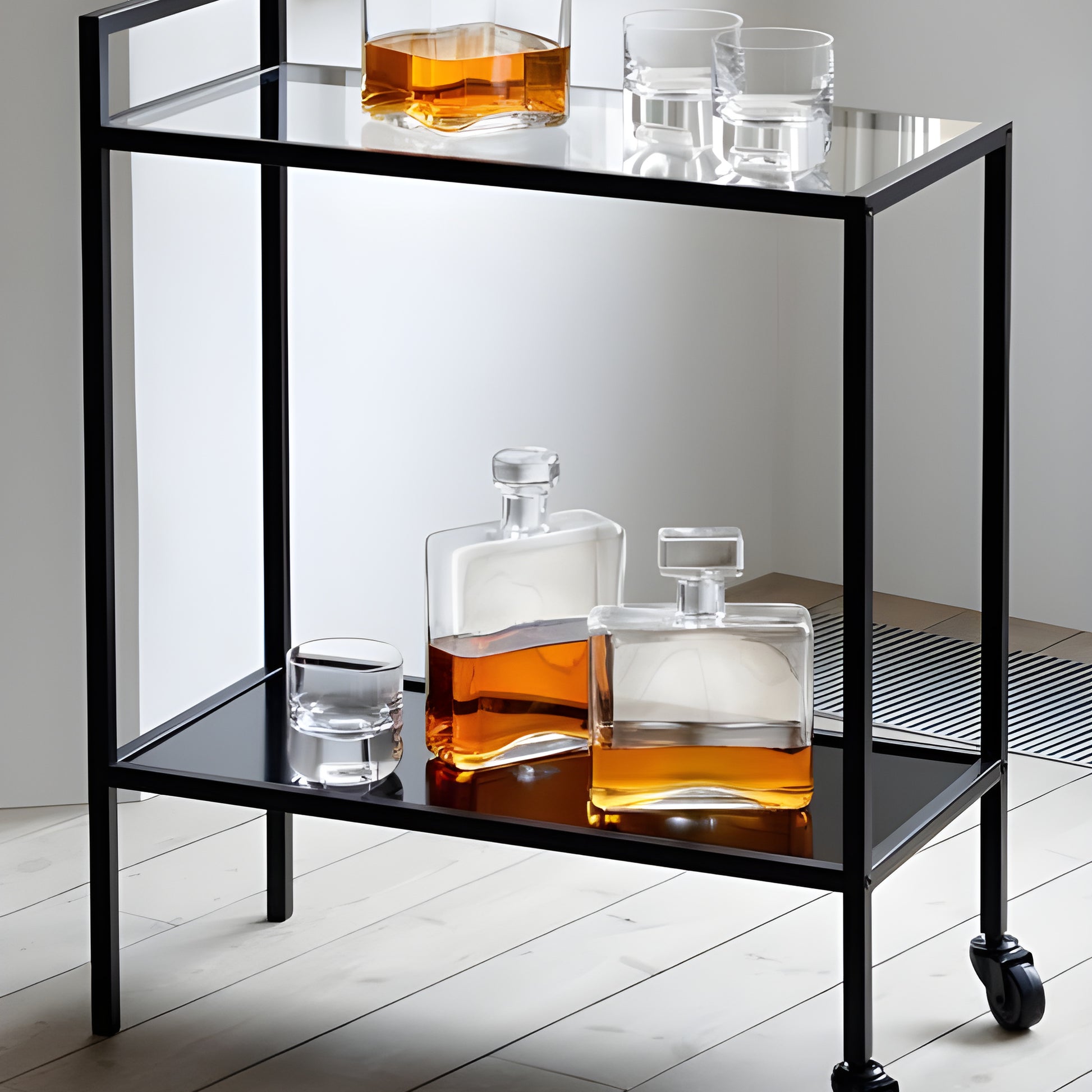 Whisky decanters and glasses on a black metal bar cart.