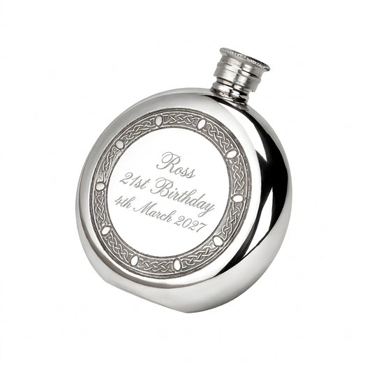Example engraving (birthday): "Ross / 21st Birthday / 4th March 2027" on the Celtic Frame Round Hip Flask 6oz