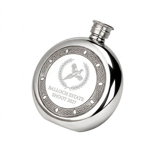 Example engraving (crest): "BALLOCH ESTATE / SHOOT 2027" on the Celtic Frame Round Hip Flask 6oz