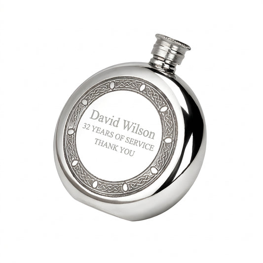 Example engraving (thank you): "David Wilson / 32 Years of Service / Thank You" on the Celtic Frame Round Hip Flask 6oz