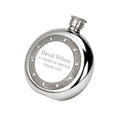 Example engraving (thank you): "David Wilson / 32 Years of Service / Thank You" on the Celtic Frame Round Hip Flask 6oz